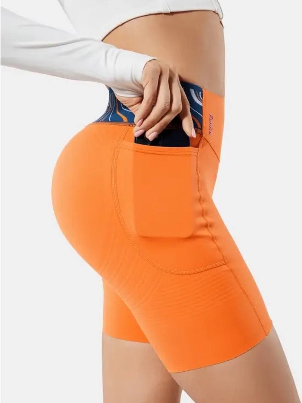 Fanka Body Sculpt Patterned Waistband Biker shorts Large Orange Lift pockets - Picture 2 of 14